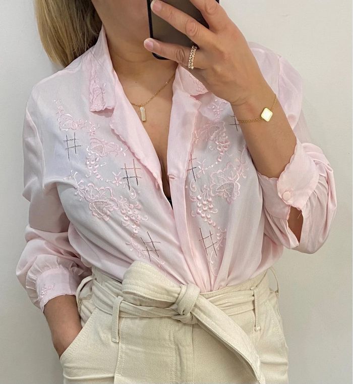 Jolie Chemise Rose Vintage Brodée Taille XL