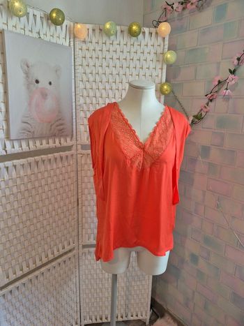 💕Joli Top saumon Darjeeling - Encolure dentelle & liens - femme T42 💕