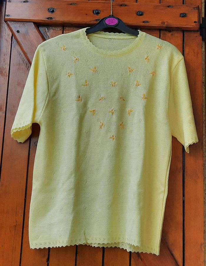 Pull léger jaune vintage, manches courtes, taille 42