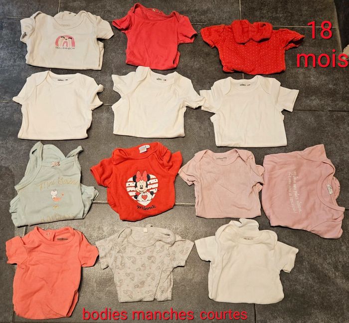 Gros lot de 13 bodies manches courtes 18 mois dont 1 Disney minnie et 3 bodies blancs gemo neufs