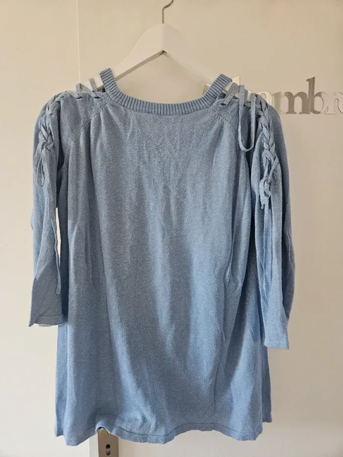 Pull bleu pailletté manches 3/4 - photo numéro 3
