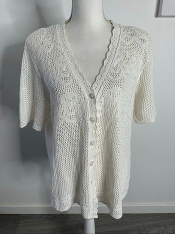 Cardigan en crochet tricot blanc crème Vintage T46 3XL
