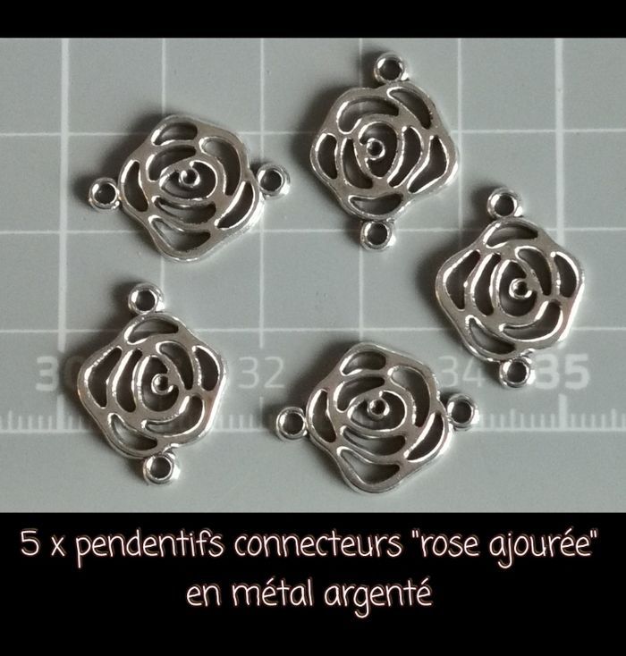 🔗 5 x pendentifs connecteurs "rose ajourée" en métal argenté