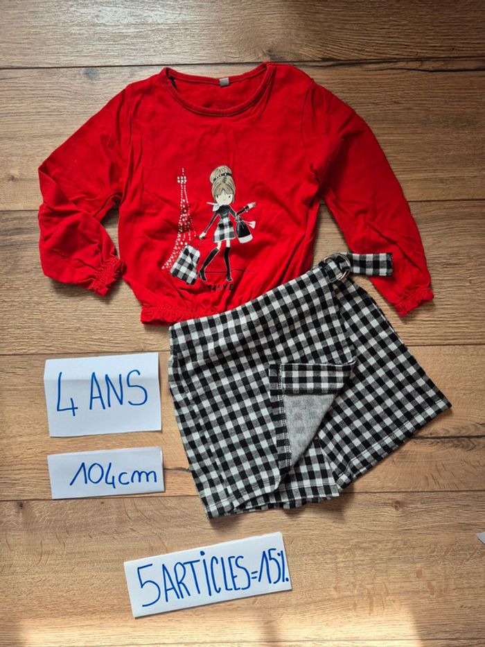 Ensemble 4 ans Jupe short carreau noir/blanc, Haut manche longue élastique poignet/taille