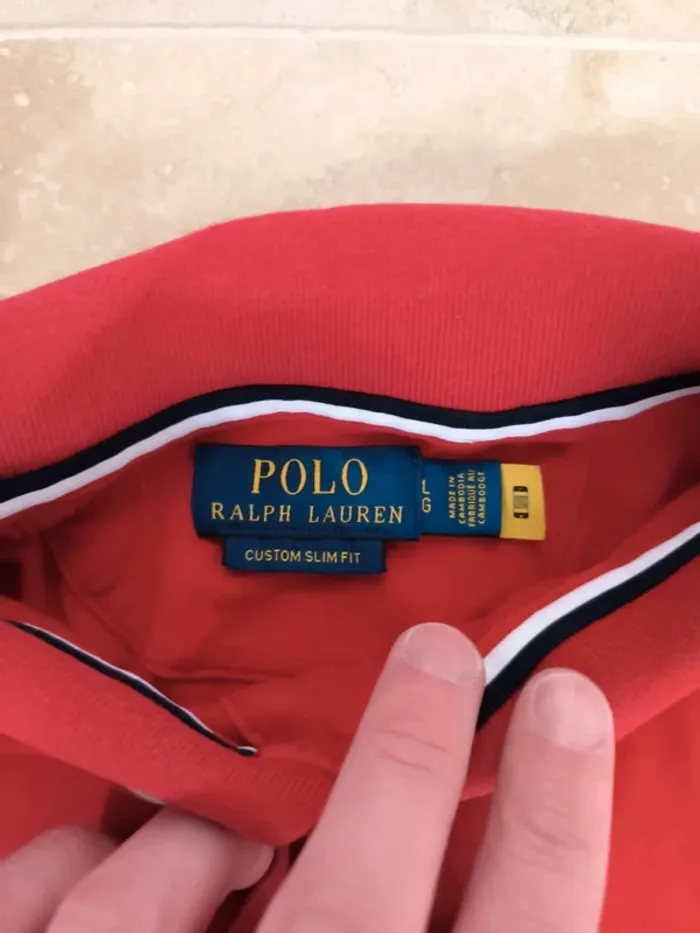 Polo Ralph Lauren homme taille L slim rouge logo marine - tâche devant trou derrière - photo numéro 5