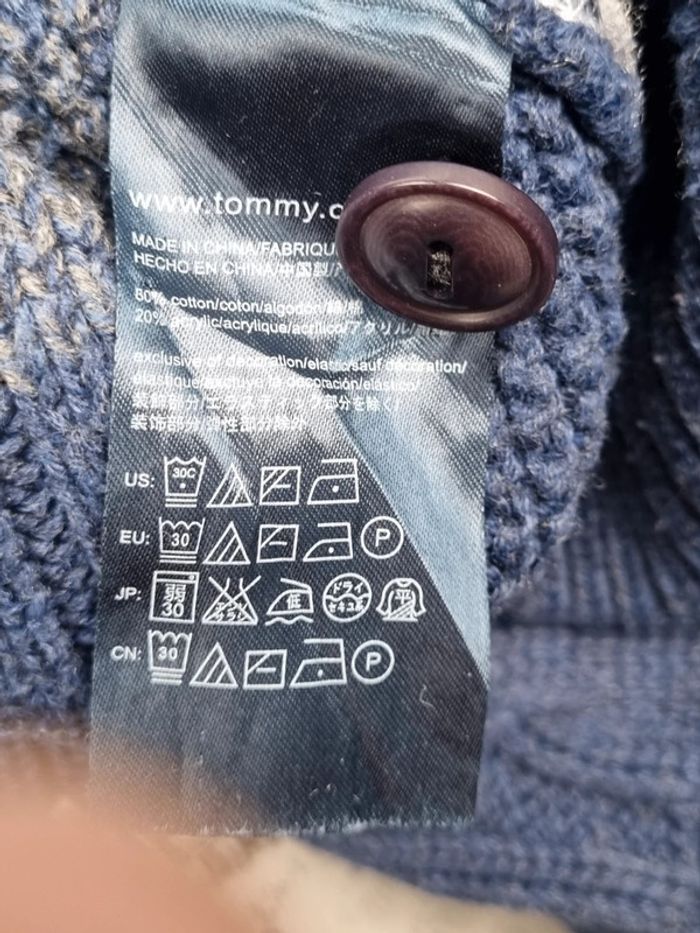 Pull col châle Tommy Hilfiger – Bleu & Gris – Taille L Hommes (mesures en photos) - photo numéro 7