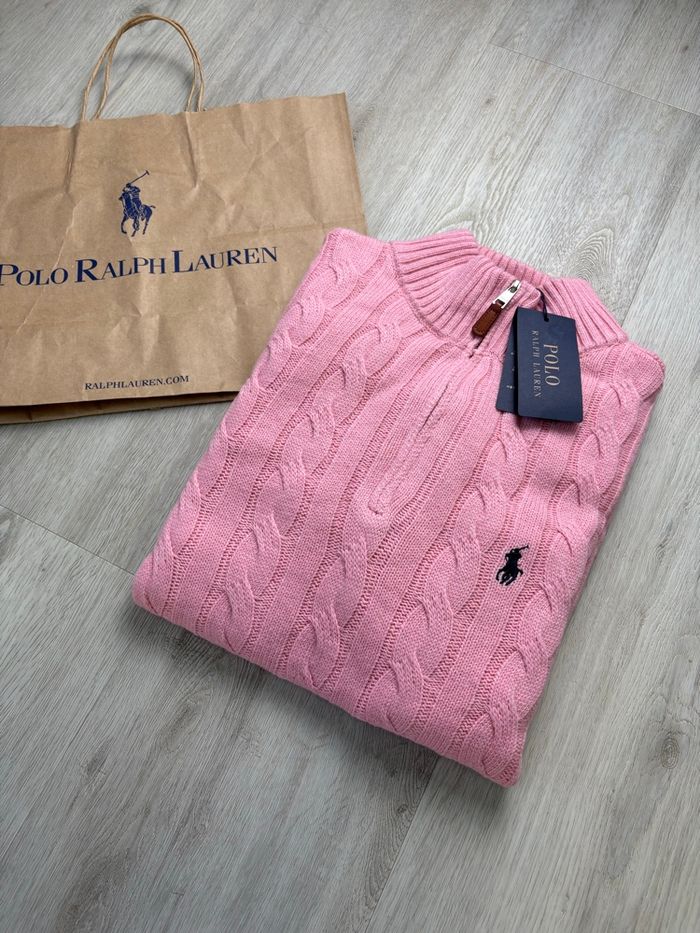 Torsadé Half zip demi zip Ralph Lauren col rond | Taille M hommes | Rose avec logo noir