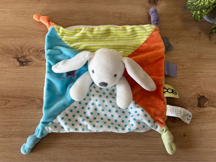 Doudou plat lapin bleu vert rayé orange étoile obaibi - photo numéro 2