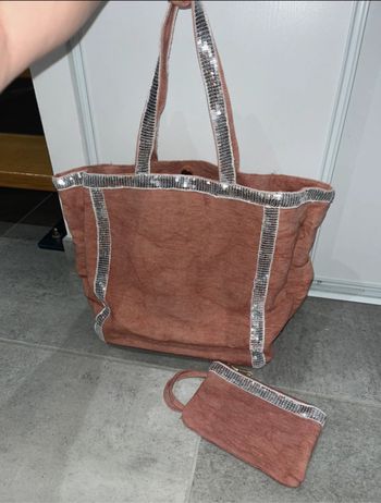 Sac à main caba totbag + porte monnaie Strass Boutique indépendante  Tissu vieux rose Intérieur doublé Strass sequins gris argentés
