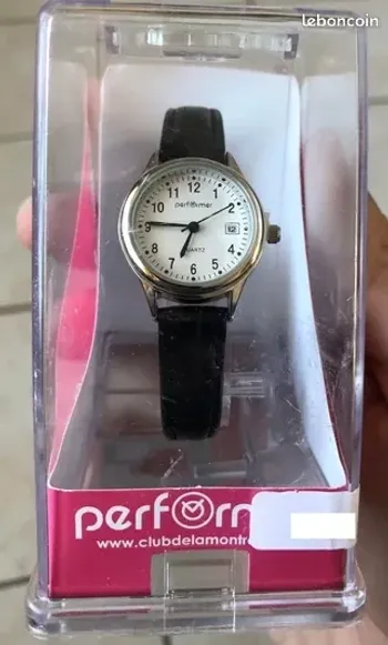 Montre Classique Performer Femme Bracelet Simili Cuir Croco noir Cadran Blanc Dateur neuve