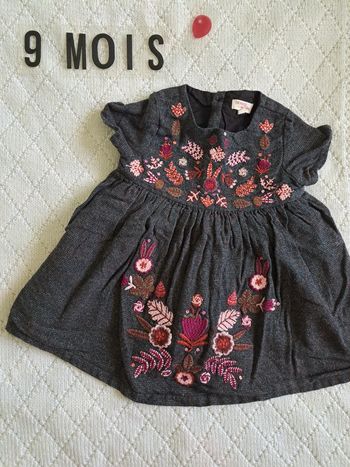 Robe manches courtes gris fleurs rose DPAM fille 9 mois