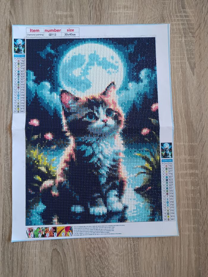 Diamond painting chaton pleine lune décoration 30x40cm