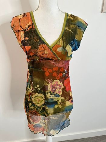 Tunique en mesh multicolore à fleurs Y2K Vintage T38 M