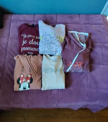lot de deux sweats à capuche et trois sweats taille L(la halle, Disney, bon prix, Jennifer, h&m)