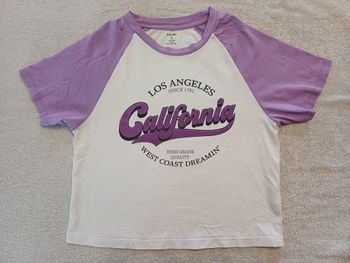 Tee-shirt blanc & mauve Kiabi S (réf perso G-Q78)(familleac72)