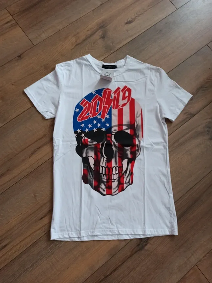 Tee shirt blanc homme manches courtes tête de mort L