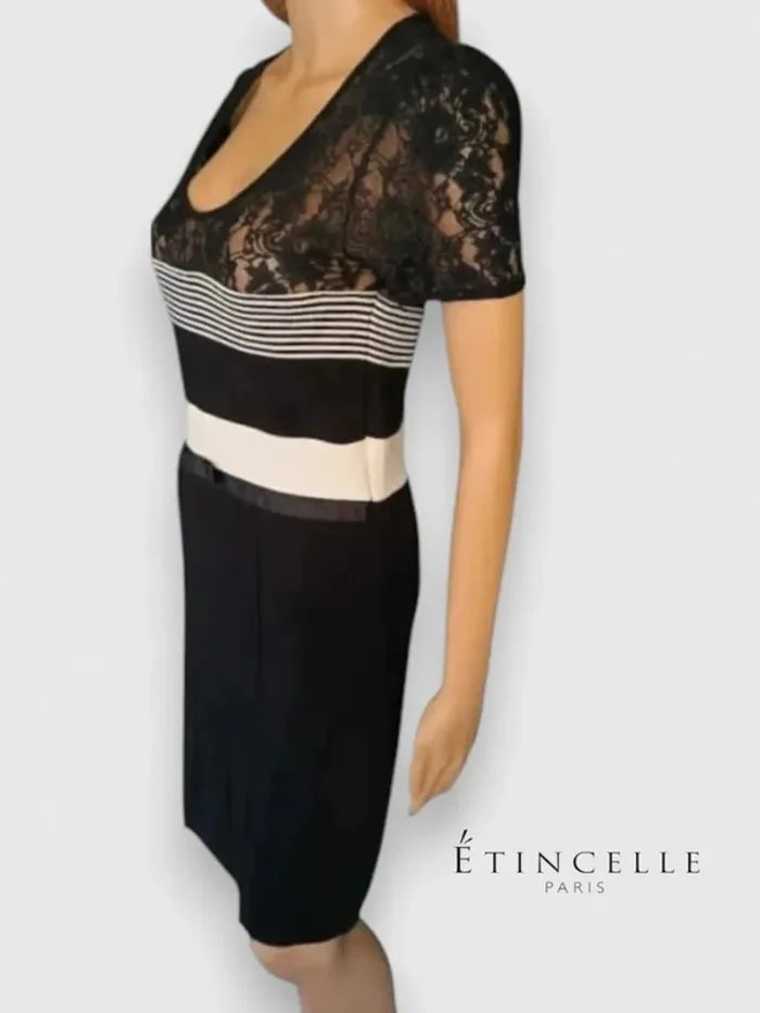 Robe casual Etincelle Couture noir et bande blanche, taille ajusté,haut ajouré taille M