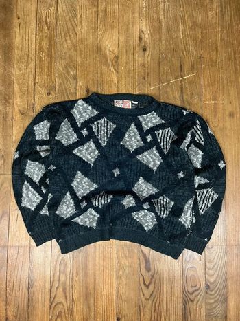 Pull maille vintage motifs noir blanc gris S