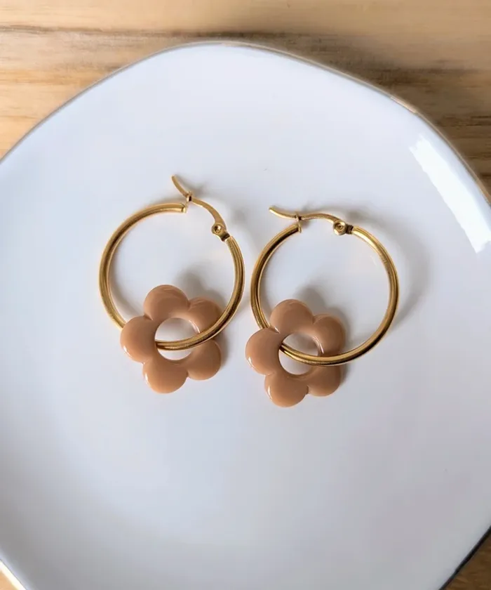 Créoles fleur beige marron interchangeables - photo numéro 2