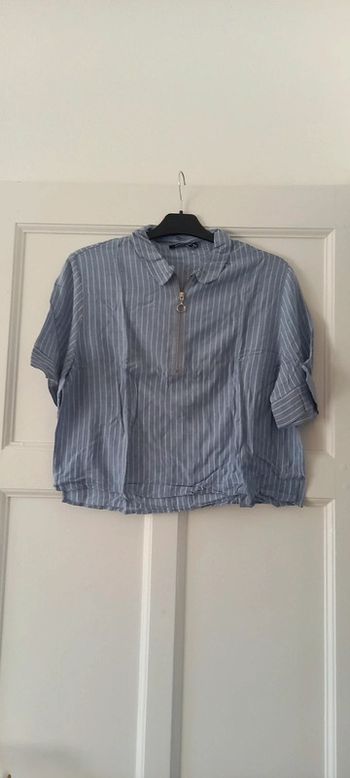Chemisette manches courtes bershka 38 bleue rayures blanches