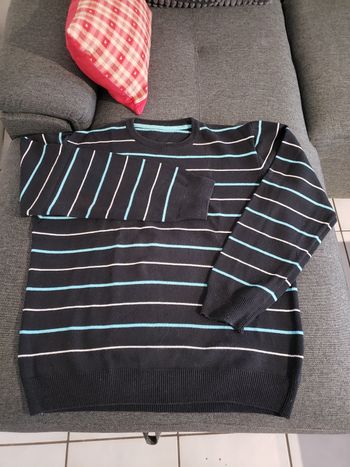 Pull noir rayé turquoise et blanc 