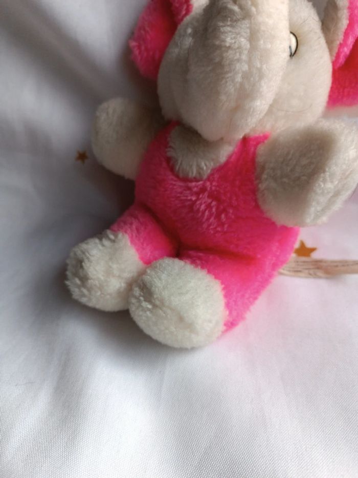Petite petit small peluche plush Teddy éléphant rose fluo pink bouclette boulgom easy vintage blanc - photo numéro 4