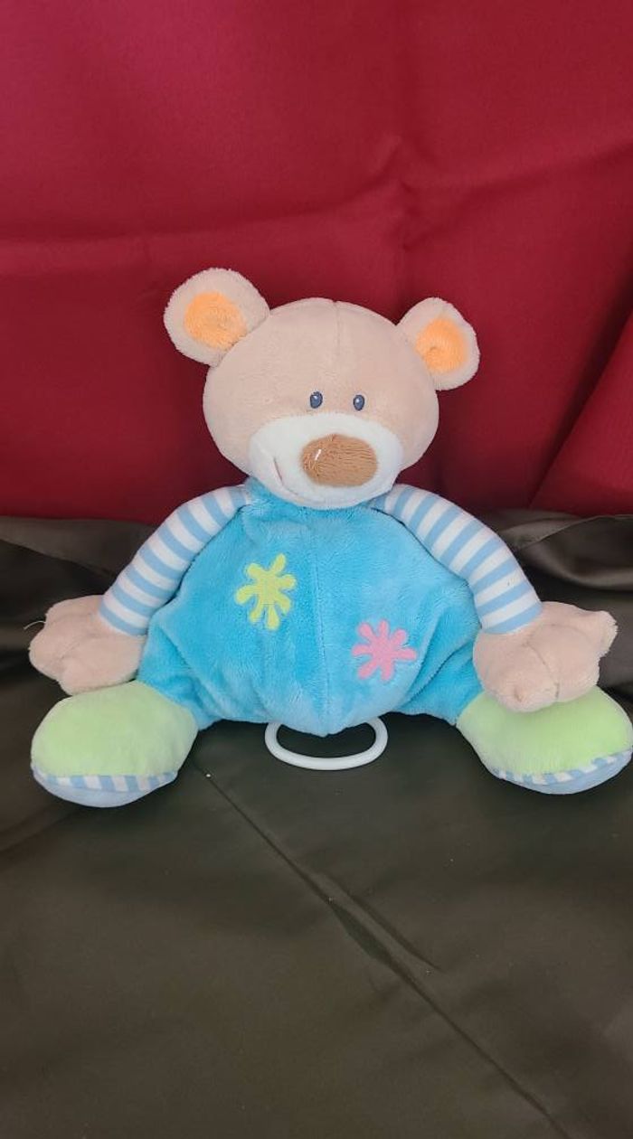 Doudou peluche ours bleu vert long bras NATTOU musical - photo numéro 4