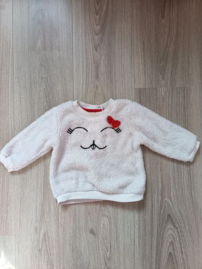 Pull chaud tout doux blanc motif lapin nœud et fille 12 mois