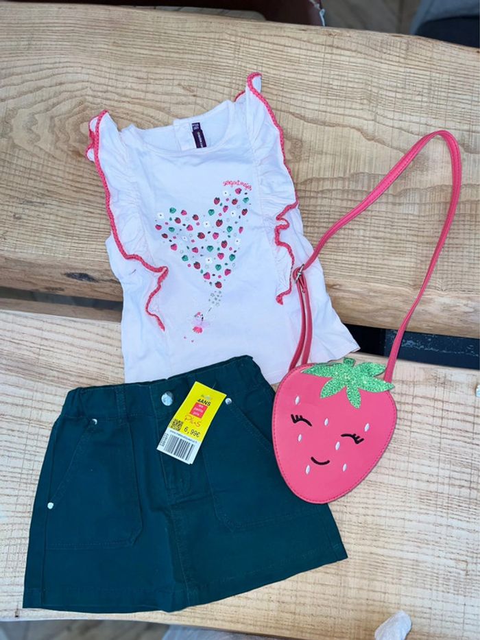 Ensemble 4 ans jupe neuf vert fraise sergent major t-shirt sac à main - photo numéro 4
