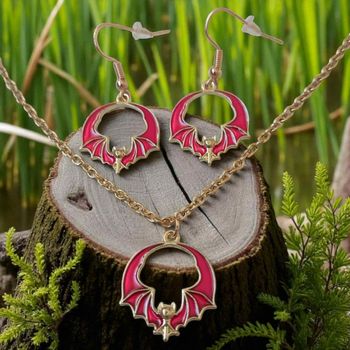 Parure Chauve‑Souris Dorée & Rouge – Inox Hypoallergénique