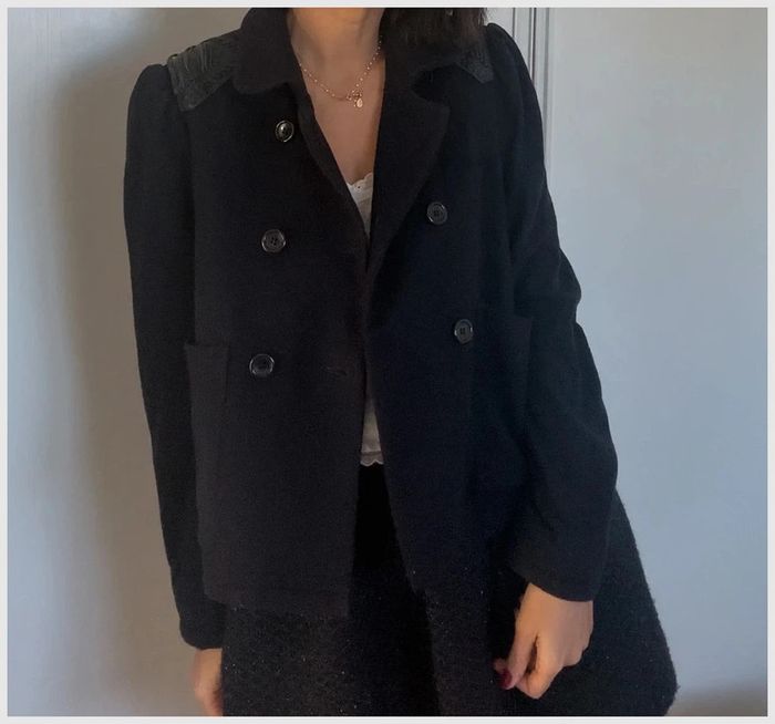 Manteau caban bleu marine laine et détails cuir - Maje - taille 38