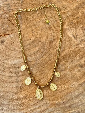 Collier chaîne épaisses perles anneaux médailles croix vierge acier inoxydable or petit créateur