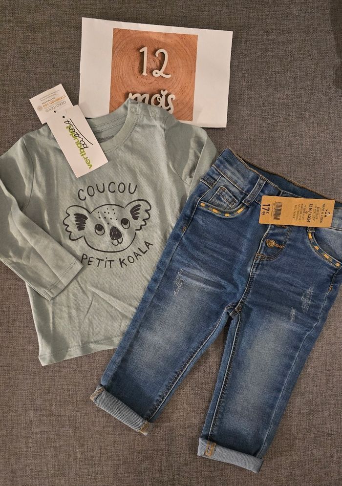 (Neufs non portés) 👌🏷🥰😍 Ensemble teeshirt ml et jeans 12mois Garçon 😍🥰💙