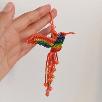 Porte Clés Colibri Orange en Perles Fait a la Main