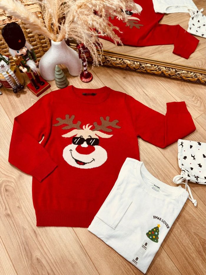 Taille 8 ans pull teeshirt pochon Noël garçon Primark Kiabi rouge blanc * cerf * 🎄