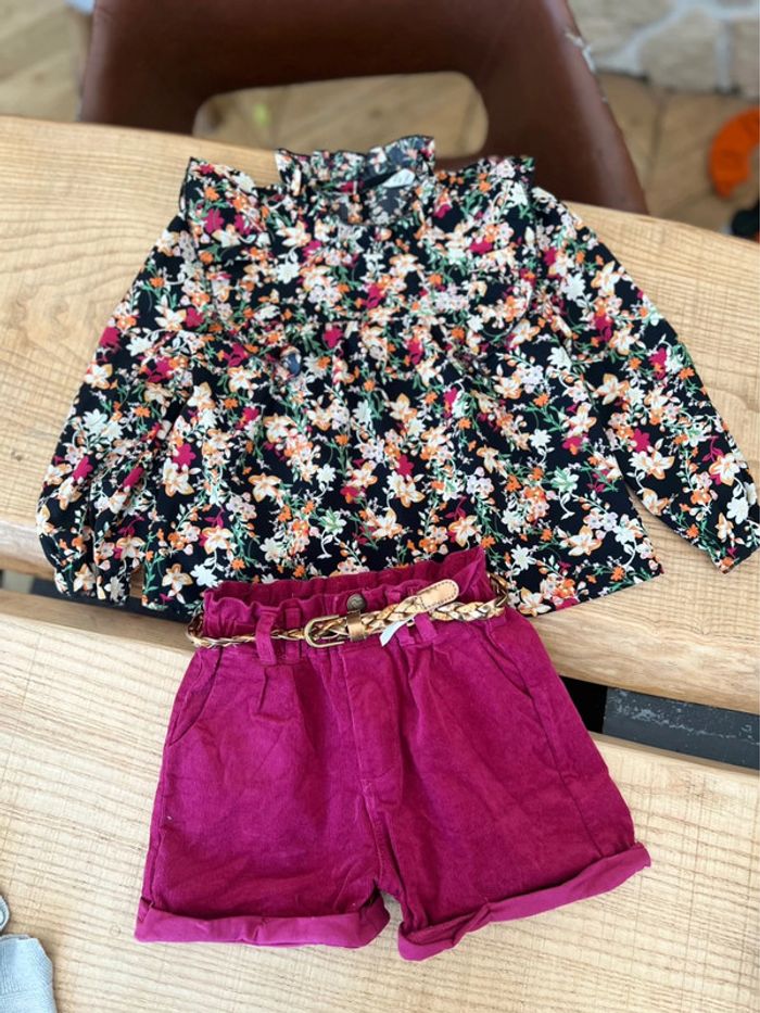 Ensemble 5 ans shein Lili marelle short velours côtelé blouse tunique à fleurs fille - photo numéro 6