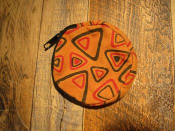 Porte-monnaie en tissu orange 100% coton à zippe style ethnique - Ø10 cm (P015)