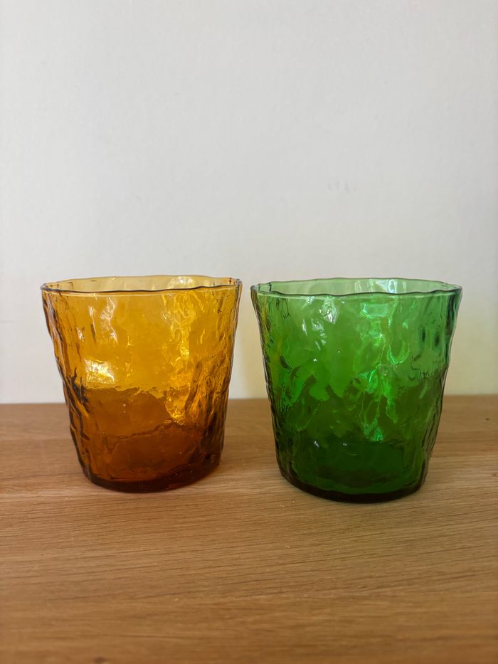 Vintage lot de 6 verres fabrication italienne effet texturé vert et ambre - photo numéro 2