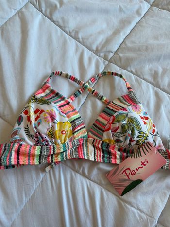Jolie haut de maillot de bain - bikini top multicolore motif fleurie rayé taille XS/34