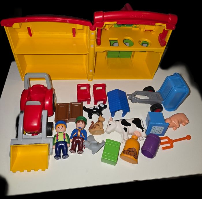 123 playmobil ferme transportable/boîte à formes 6962 + tracteur 6964 complets - photo numéro 2