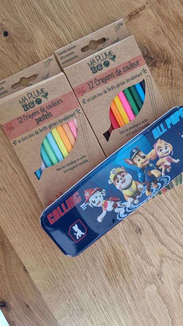 Lot trousse métal et crayons couleur paw patrol pat patrouille