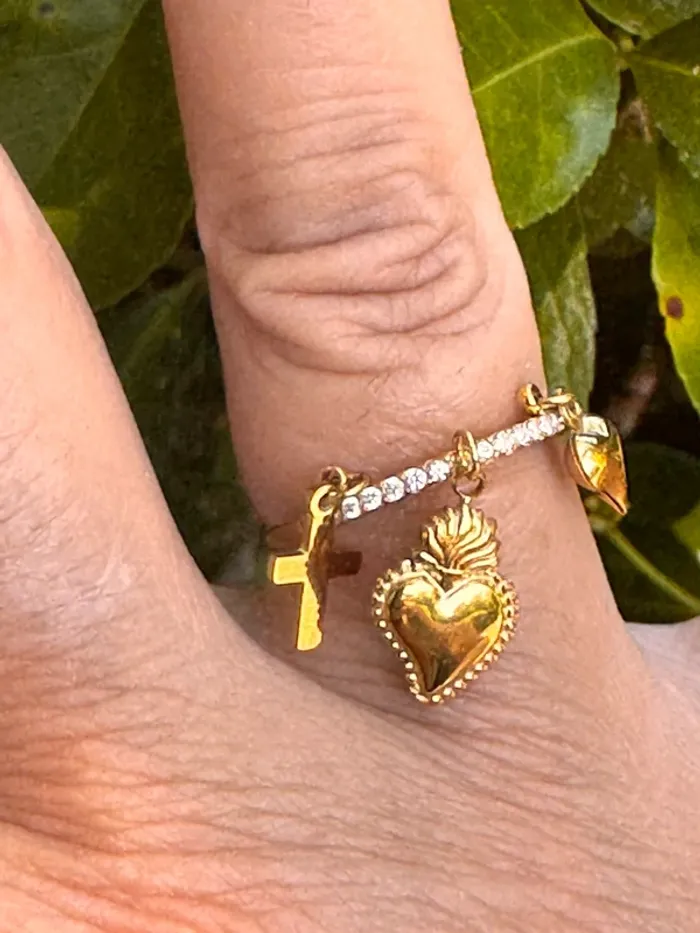 Bague  acier inoxydable or zircons acier inoxydable or breloques croix  cœur ex-voto cœur bombé - photo numéro 2