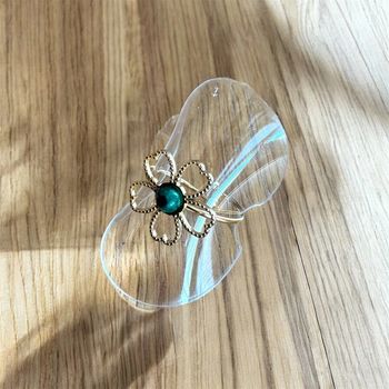 Magnifique bague fleurs trèfle en acier inoxydable malachite vert ajustable