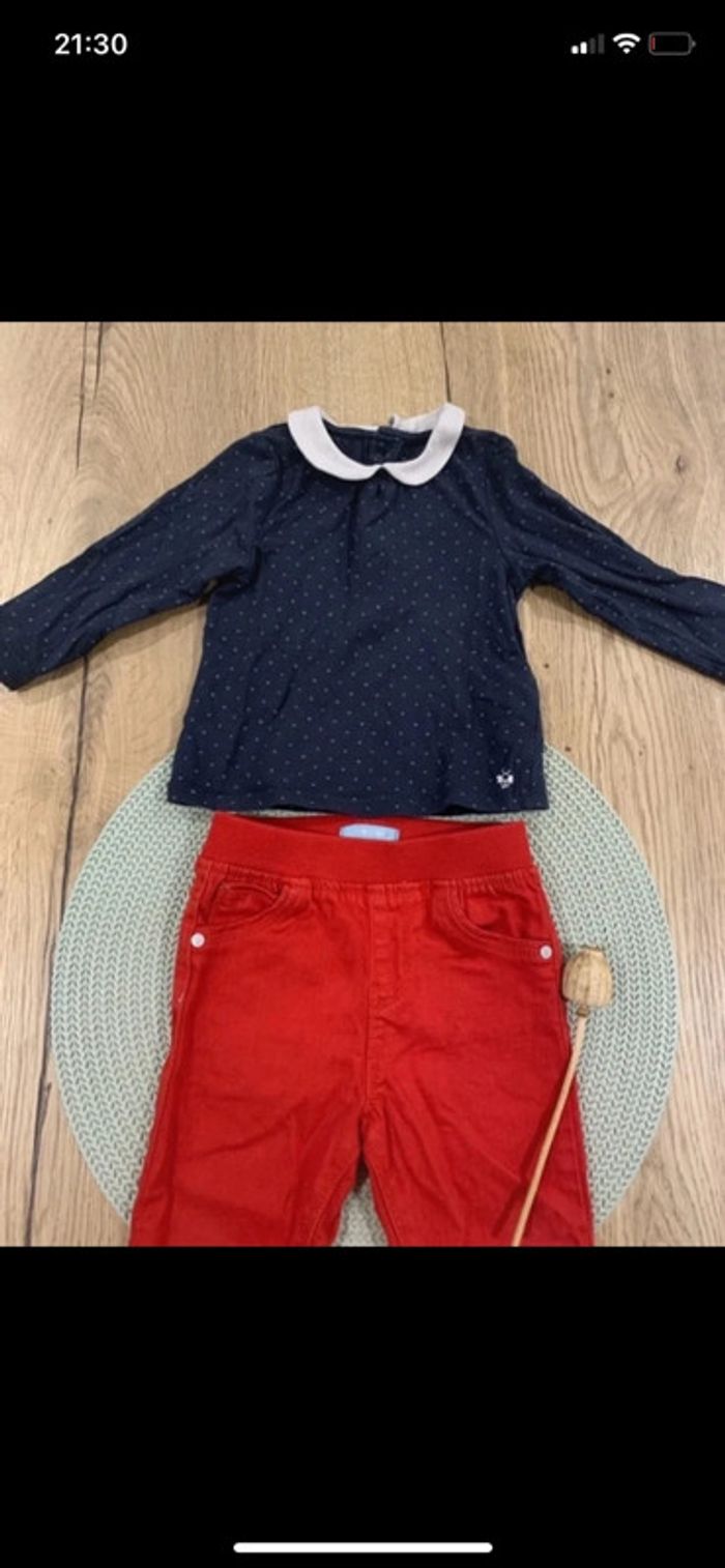 Ensemble fille pentalon rouge et haut bleu - 12mois - obaibi - photo numéro 8