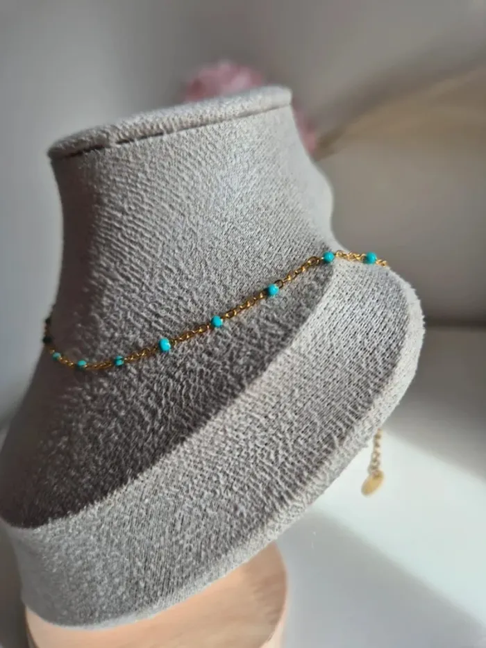 Collier ras du cou 41,5 cm En acier inoxydable perles turquoise - photo numéro 2