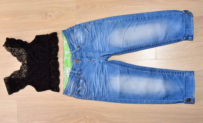 pantacourt jeans bleu et blanc taille 34 taille basse