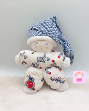 Ancien doudou poupée tissu lutin blanc Tartine et Chocolat bonnet vichy carreaux bleu blanc poule ca