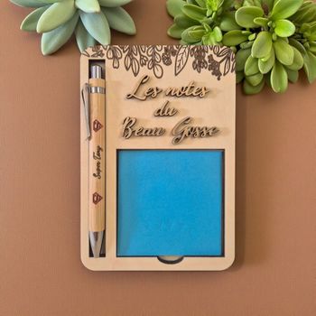 Porte-post-it bloc notes en bois personnalisé + stylo personnalisé