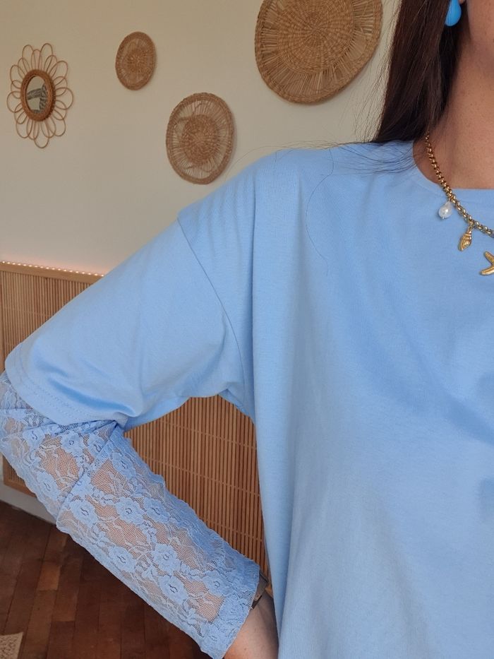 T-shirt bleu manches longues dentelle Taille unique - photo numéro 5