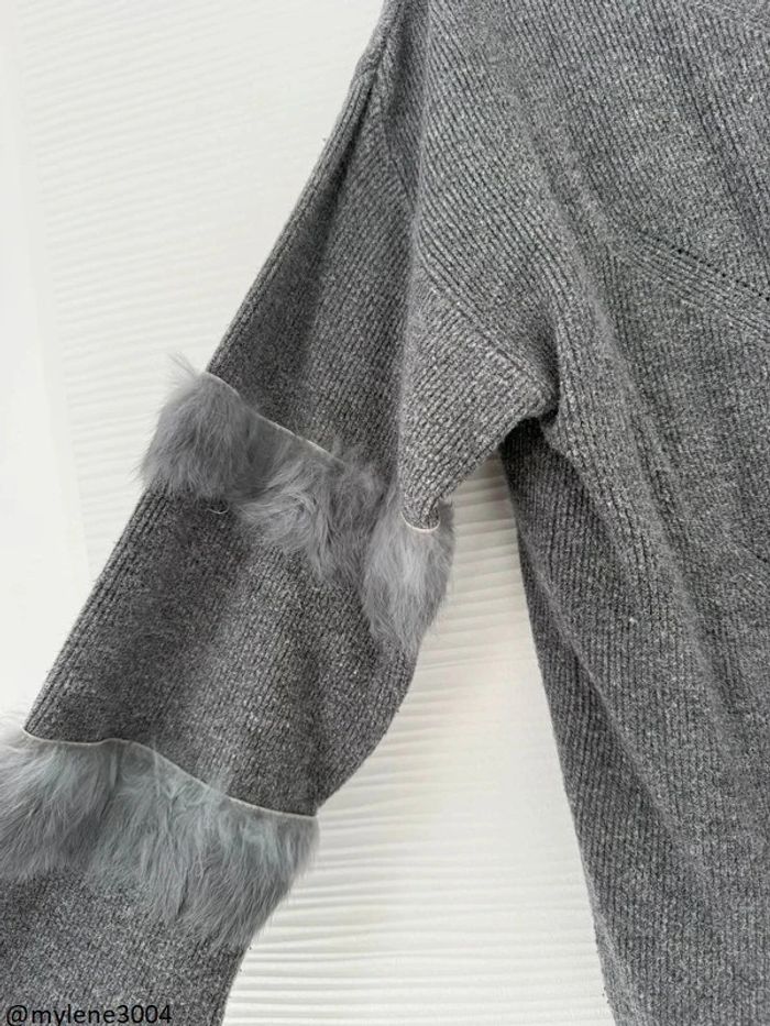 Pull d'hiver gris col rond uni basique simple manches longues en fausse fourrure - photo numéro 3